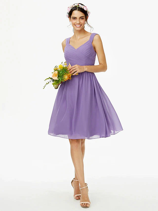 A-Line Bridesmaid Dress Straps Sleeveless Open Back Knee Length Chiffon with Sash / Ribbon / Bow(s) / Criss Cross