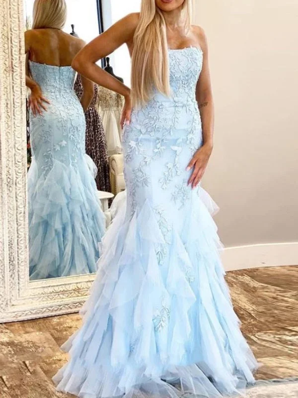 Popular Lace Prom Dresses, Mermaid Long Prom Dresses, Blue Evening Party Dresses