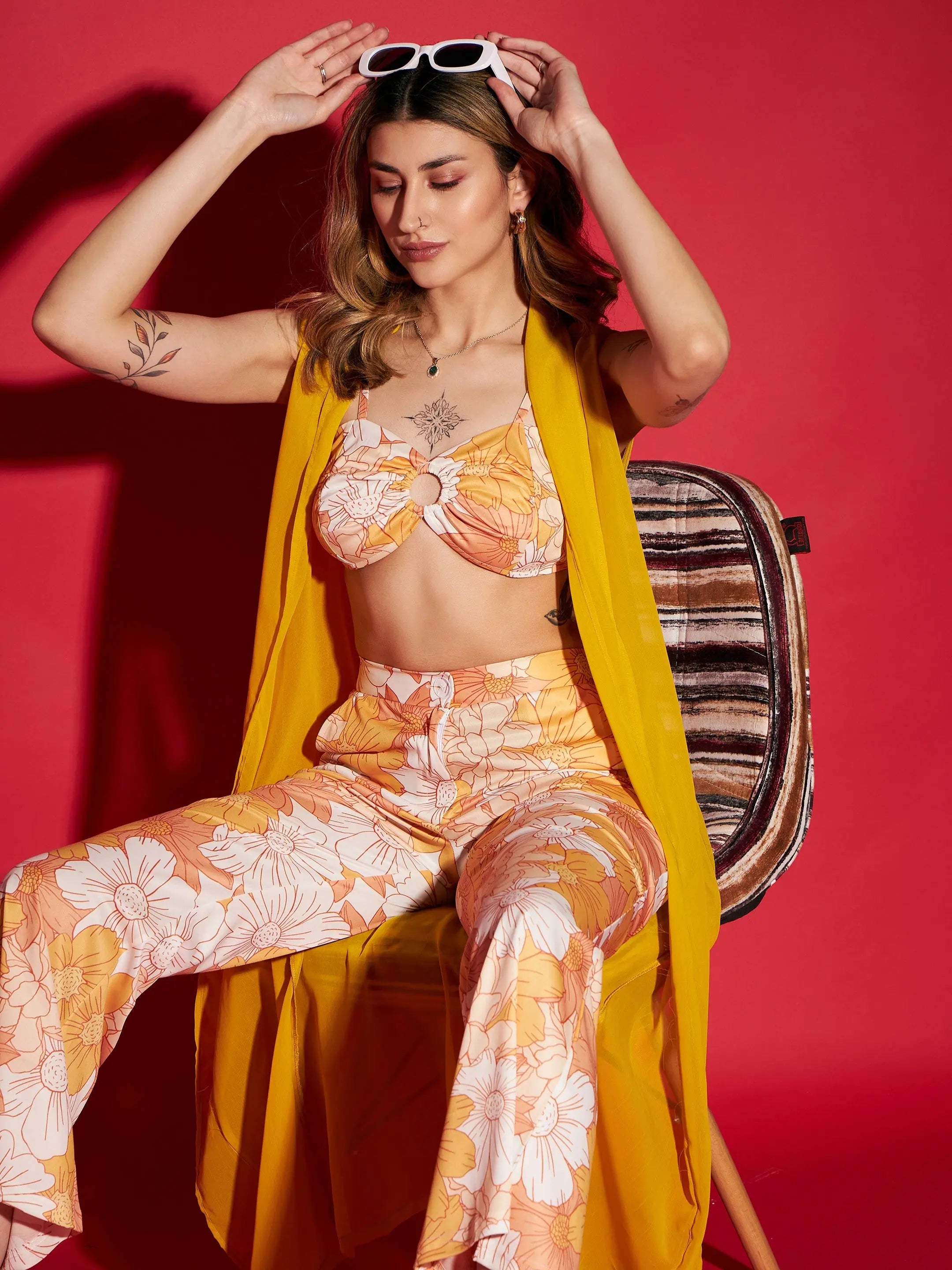 Women Printed Standard Mustard Jumpsuits & Sets